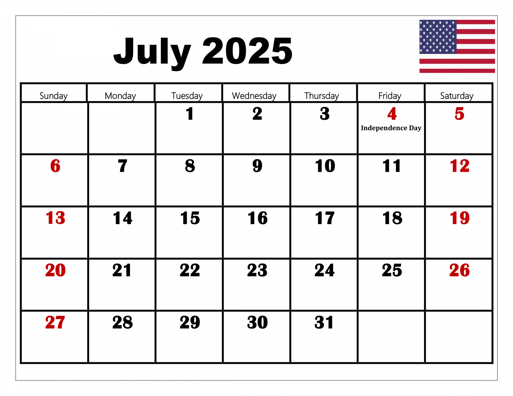 July  Calendar Printable PDF Template with Holidays