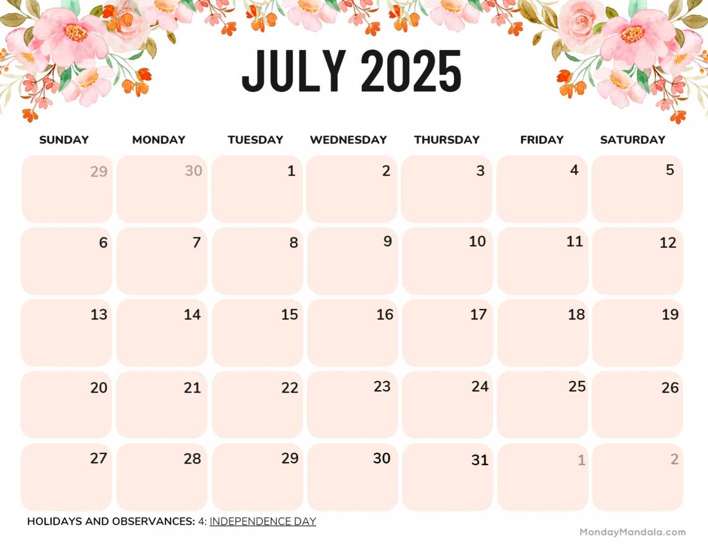 July  Printable Calendar ( Free PDF Printables)