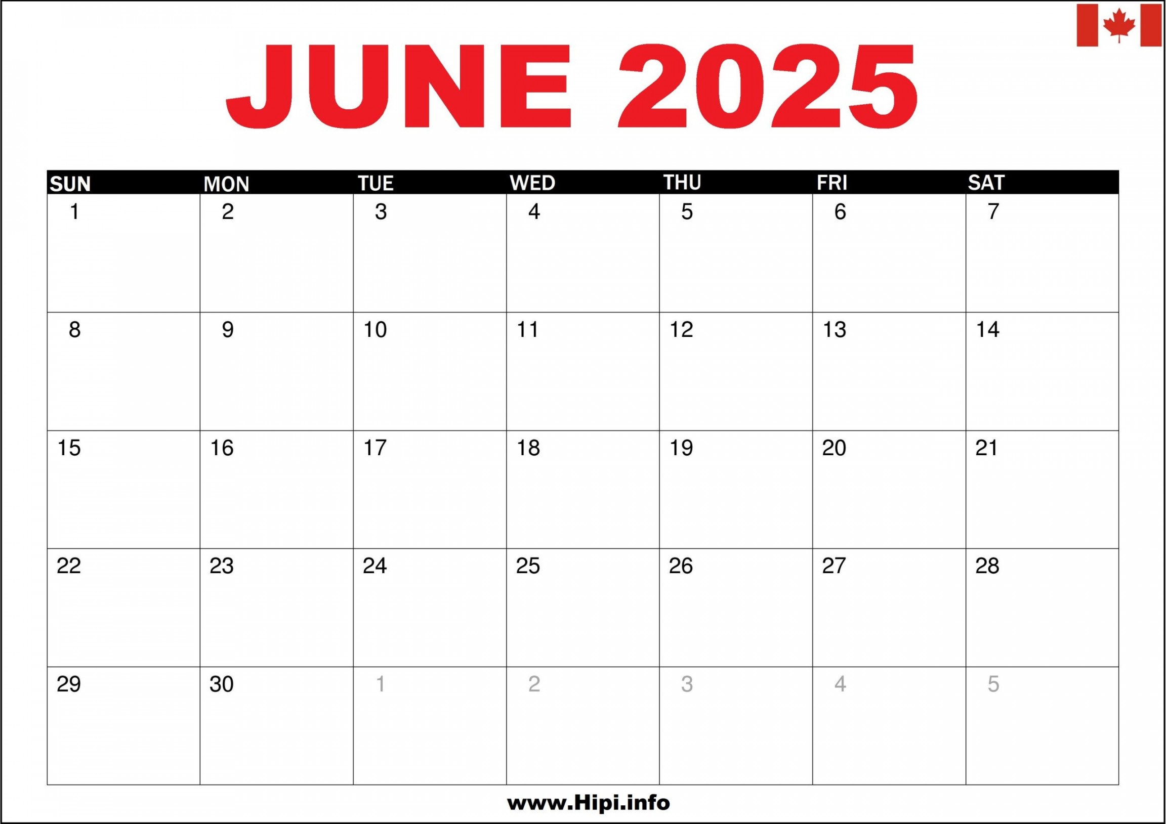 June  Calendar Canada with Holidays - Hipi