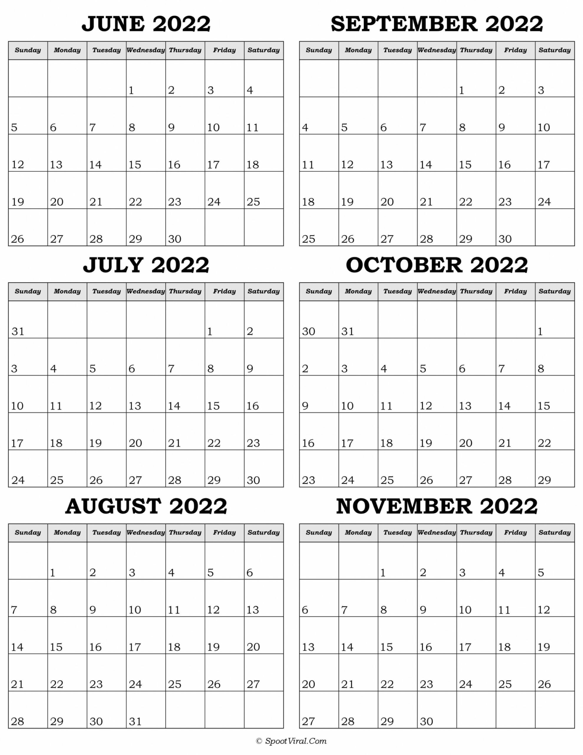 June to November  Calendar Templates