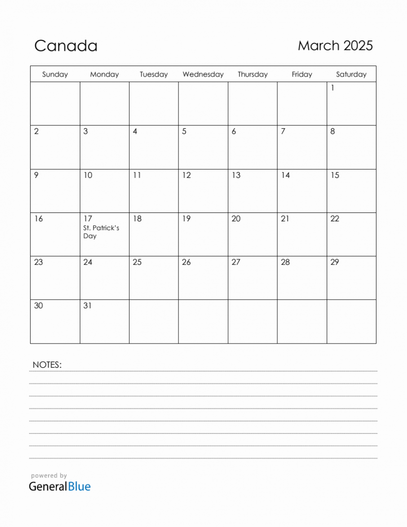 March  Canada Calendar with Holidays