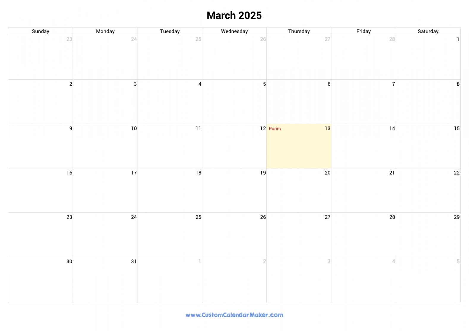 March  Jewish Calendar with Hebrew Holidays