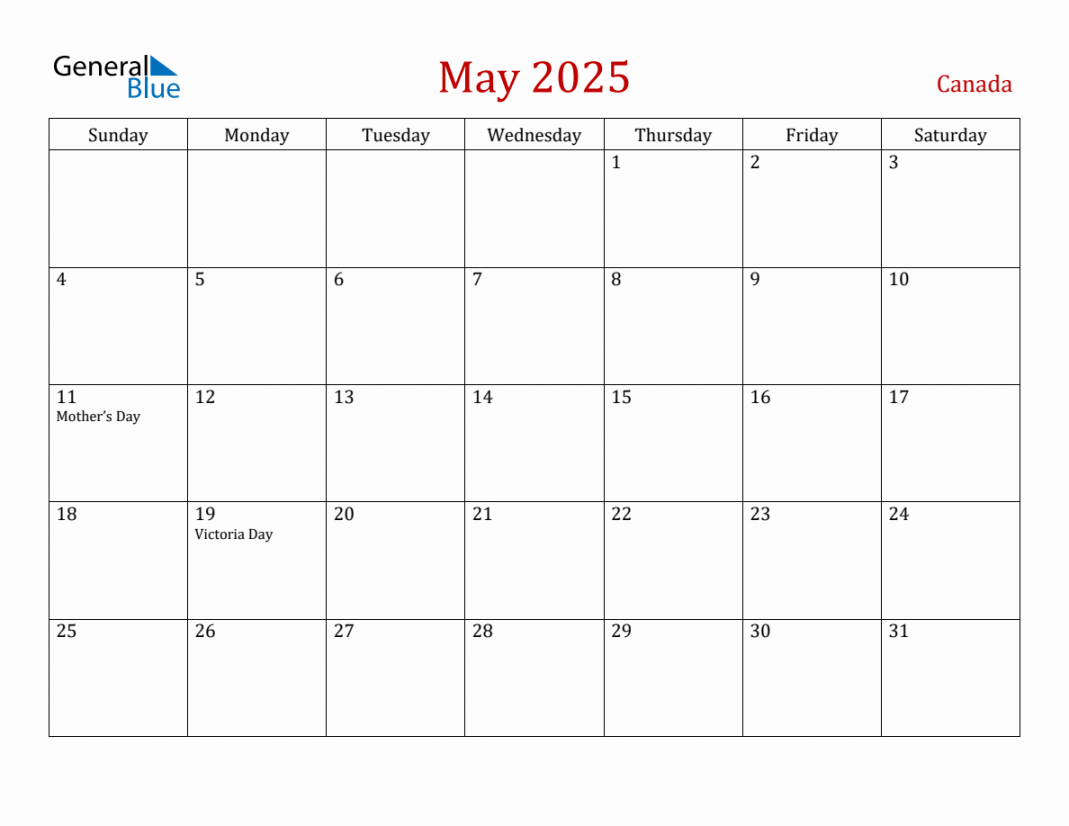 May  Canada Monthly Calendar with Holidays