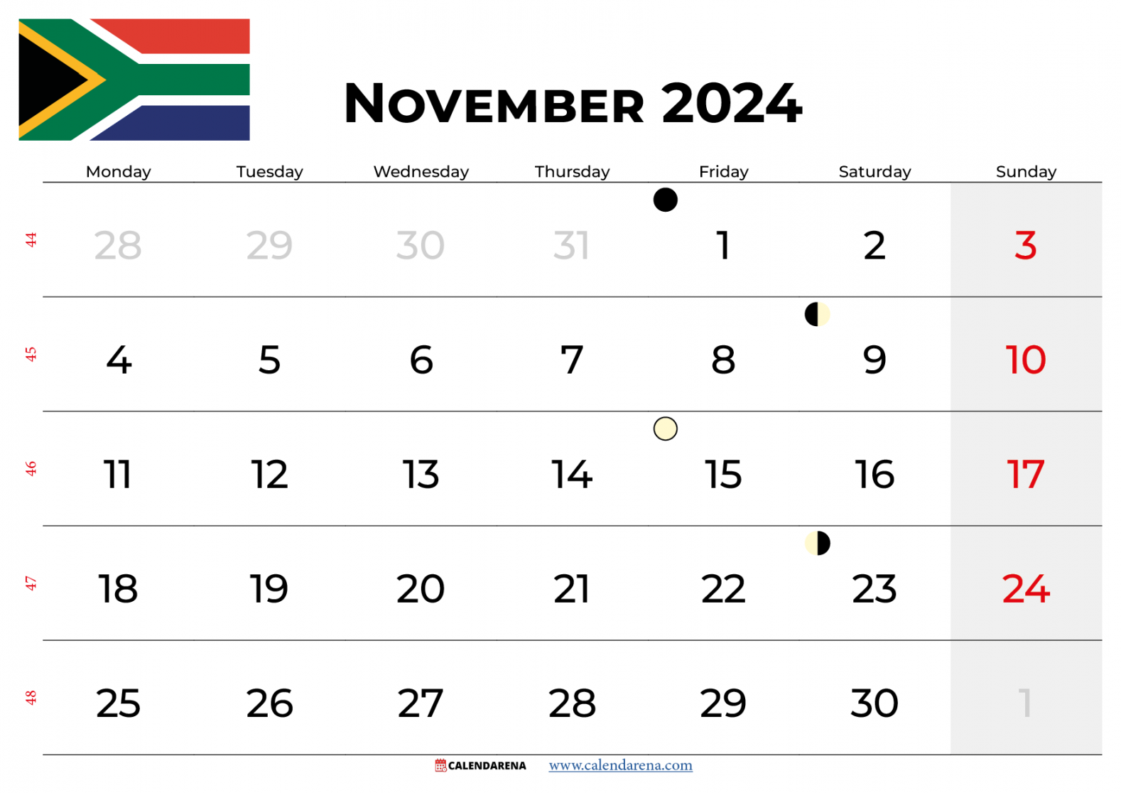 November  Calendar South Africa