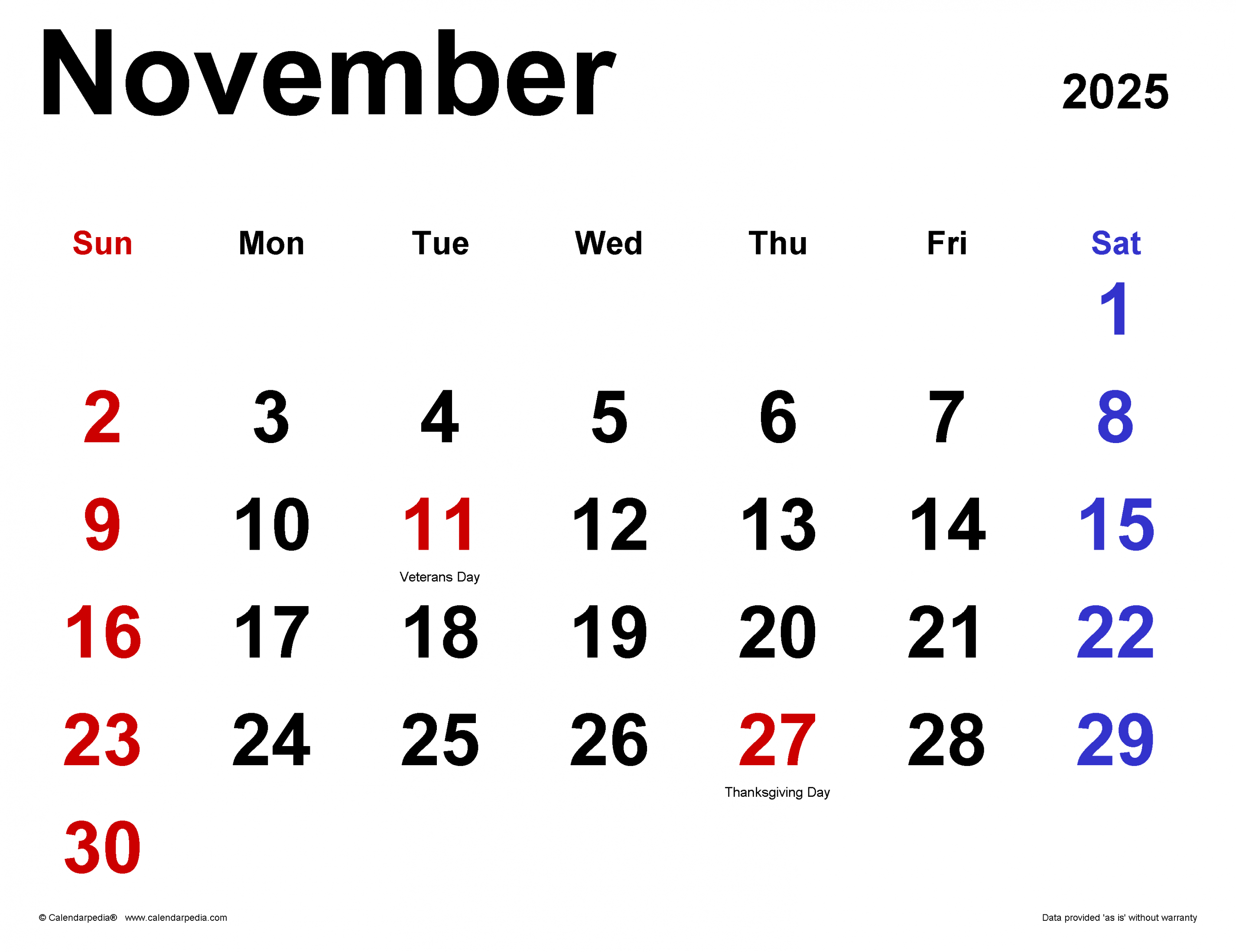 November  Calendar  Templates for Word, Excel and PDF