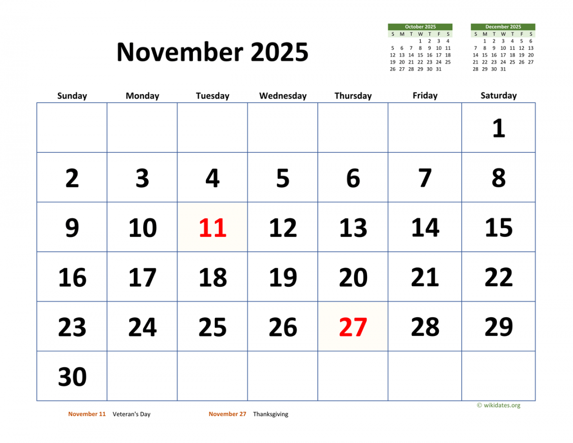 November  Calendar with Extra-large Dates  WikiDates