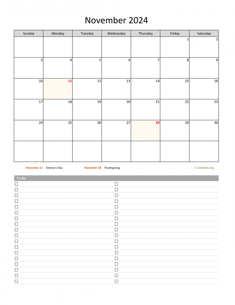 November  Calendar with To-Do List  WikiDates