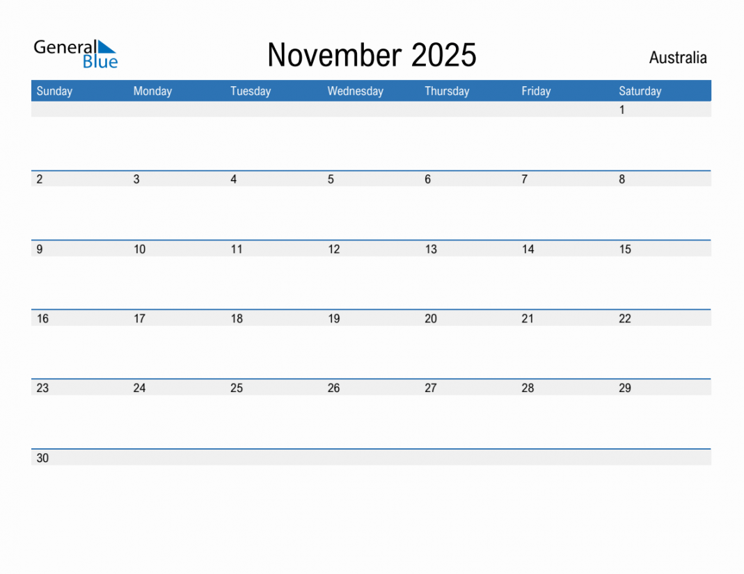 November  Monthly Calendar with Australia Holidays