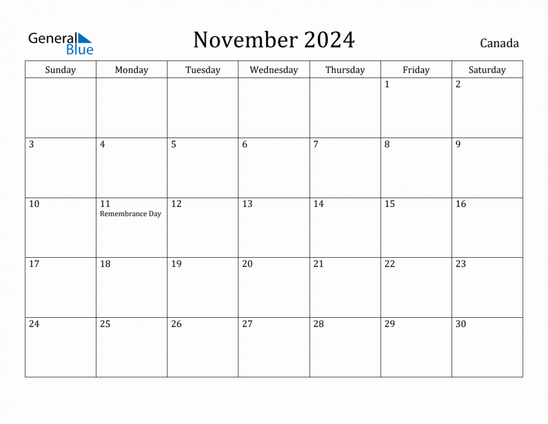 November  Monthly Calendar with Canada Holidays