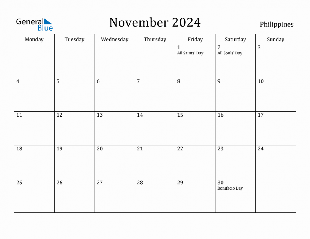 November  - Philippines Monthly Calendar with Holidays