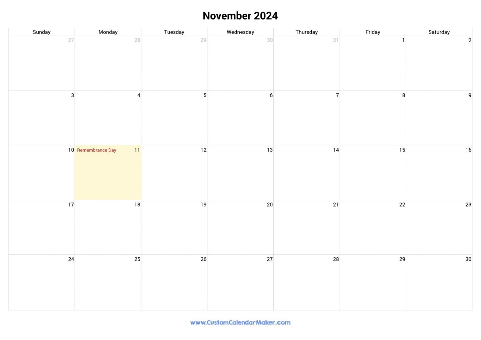 November  Printable Calendar With Canadian Holidays