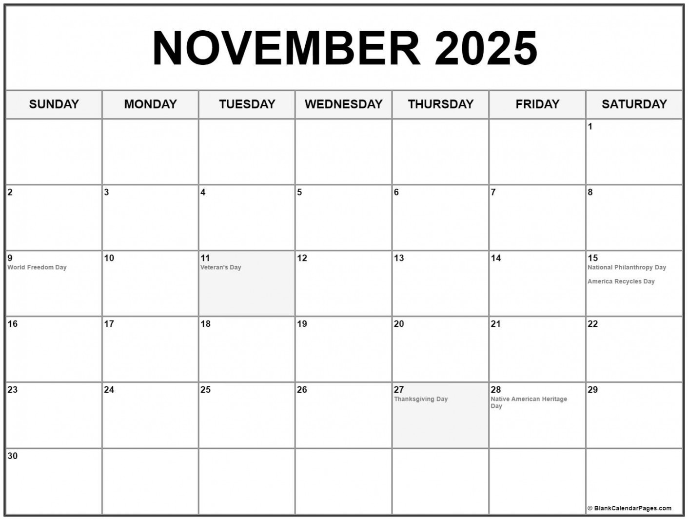 November  with holidays calendar