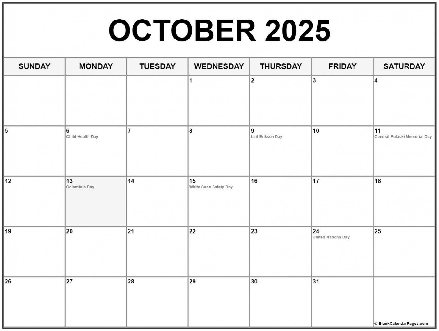 October  with holidays calendar