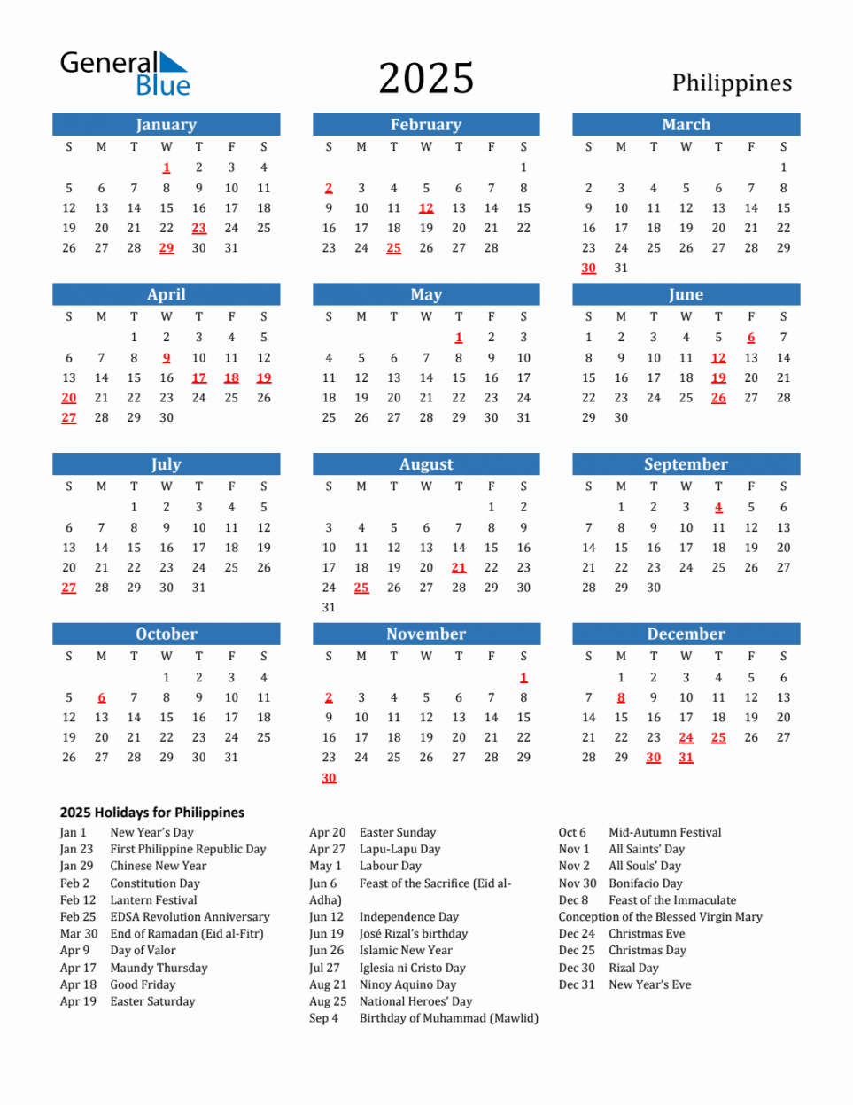 Philippines Calendar with Holidays