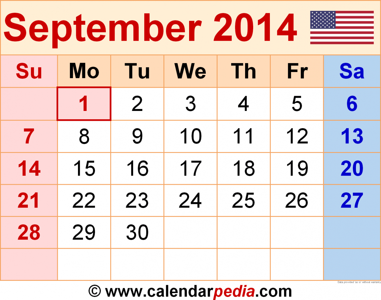 September  Calendar  Templates for Word, Excel and PDF