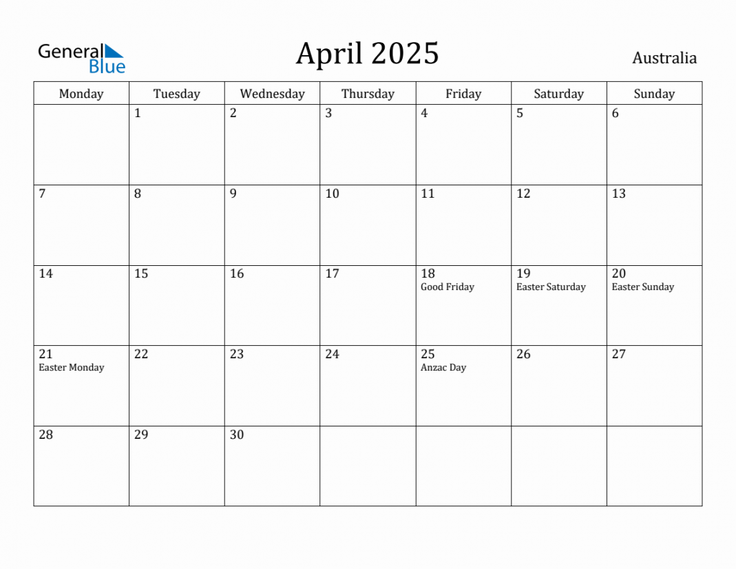 April  - Australia Monthly Calendar with Holidays