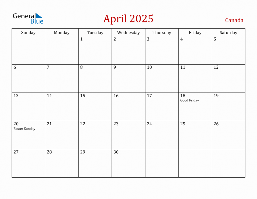 April  Canada Monthly Calendar with Holidays