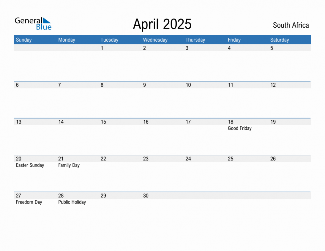 April  Monthly Calendar with South Africa Holidays