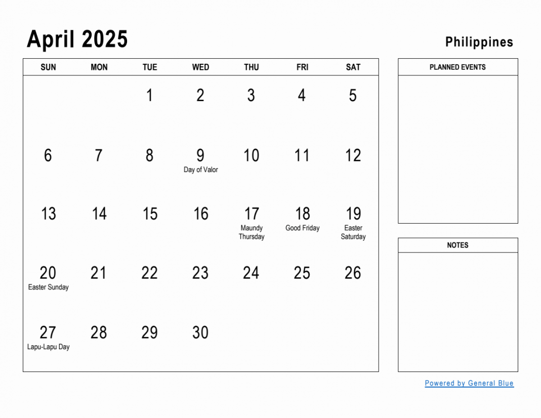 April  Planner with Philippines Holidays