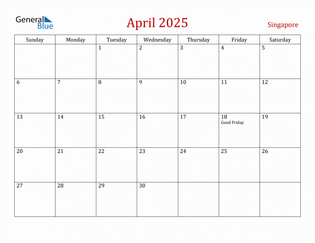 April  Singapore Monthly Calendar with Holidays