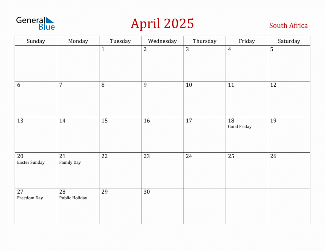 April  South Africa Monthly Calendar with Holidays