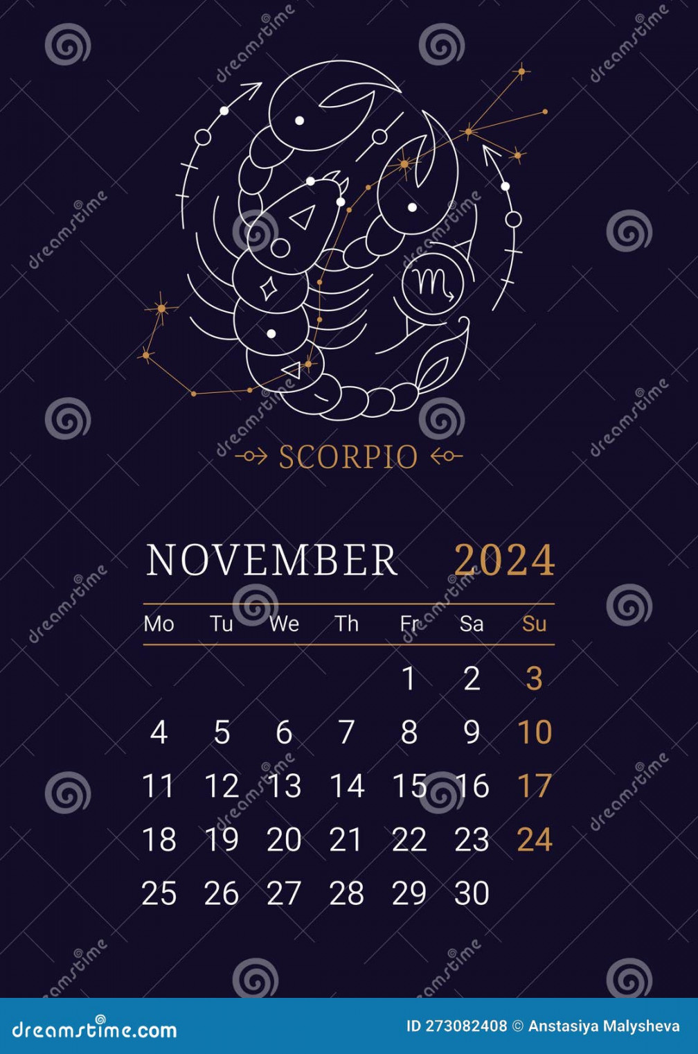 Astrology Wall Monthly Calendar with Scorpio Zodiac Sign