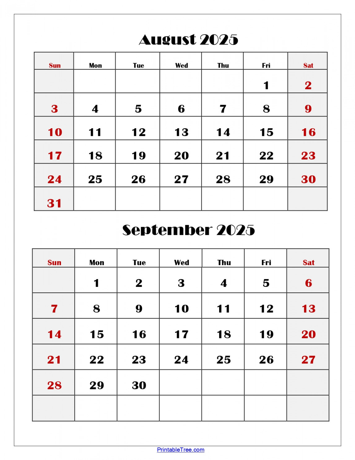 August and September  Calendar Printable PDF  Two Months Calendar