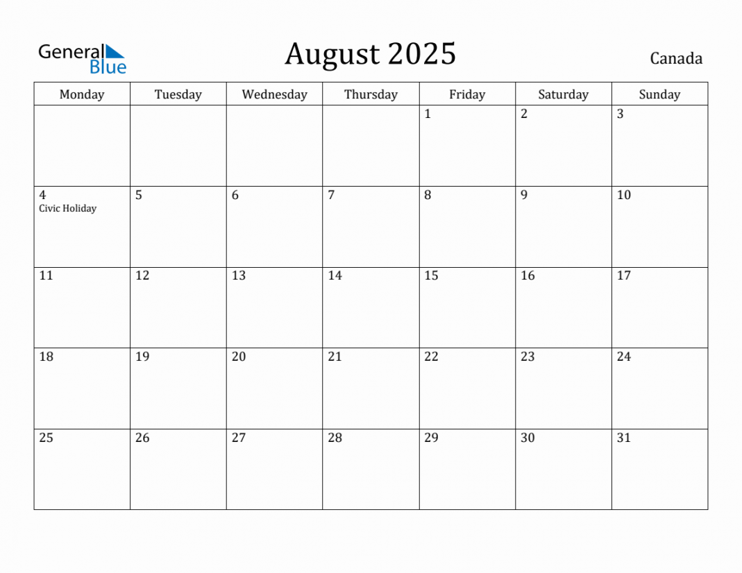 August  Monthly Calendar with Canada Holidays