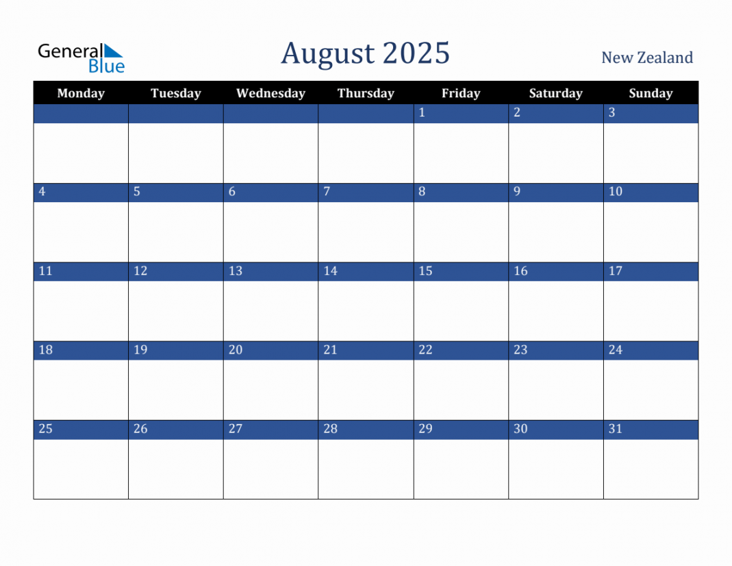 August  New Zealand Holiday Calendar