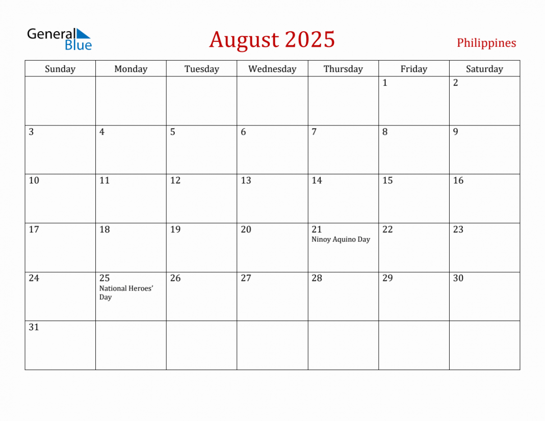 August  Philippines Monthly Calendar with Holidays