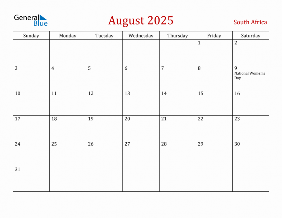 August  South Africa Monthly Calendar with Holidays