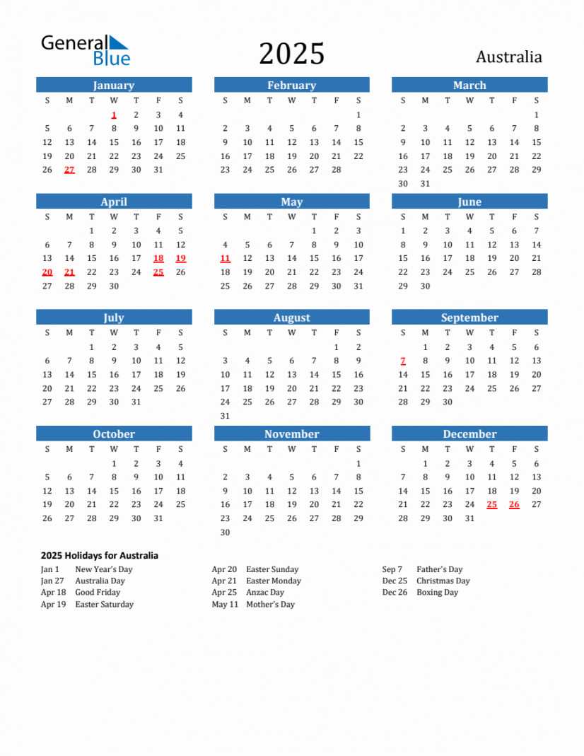 Australia  Calendar with Holidays