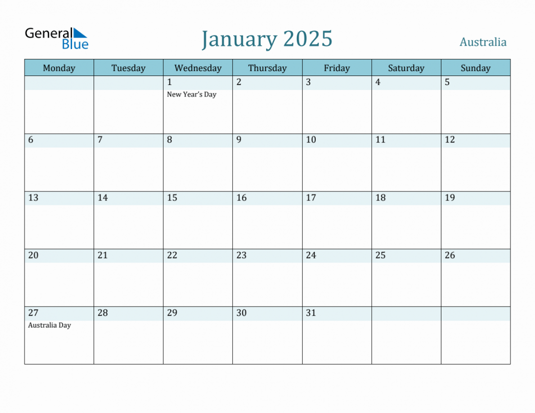 Australia Holiday Calendar for January