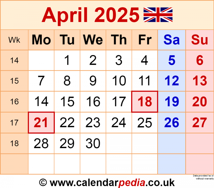 Calendar April  UK with Excel, Word and PDF templates