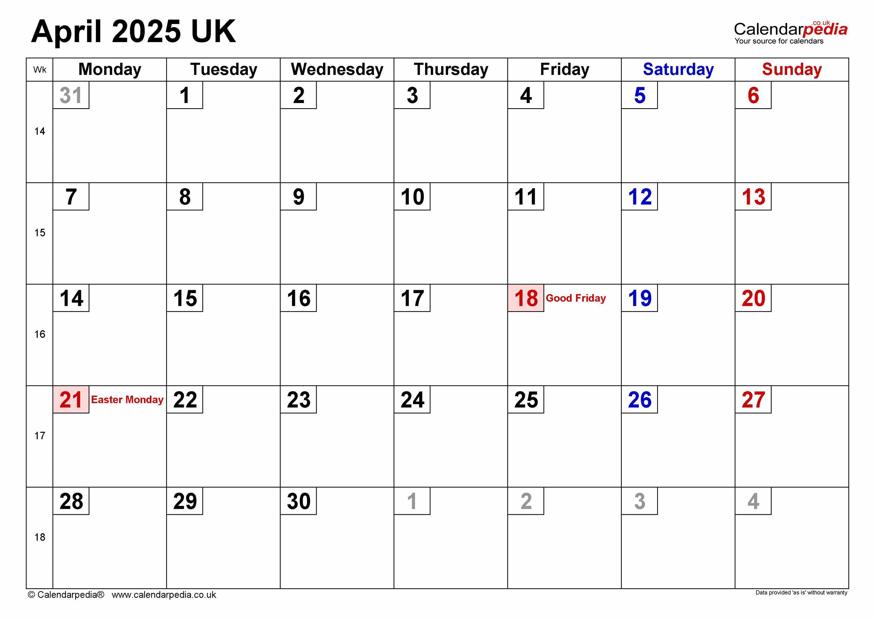 Calendar April  UK with Excel, Word and PDF templates