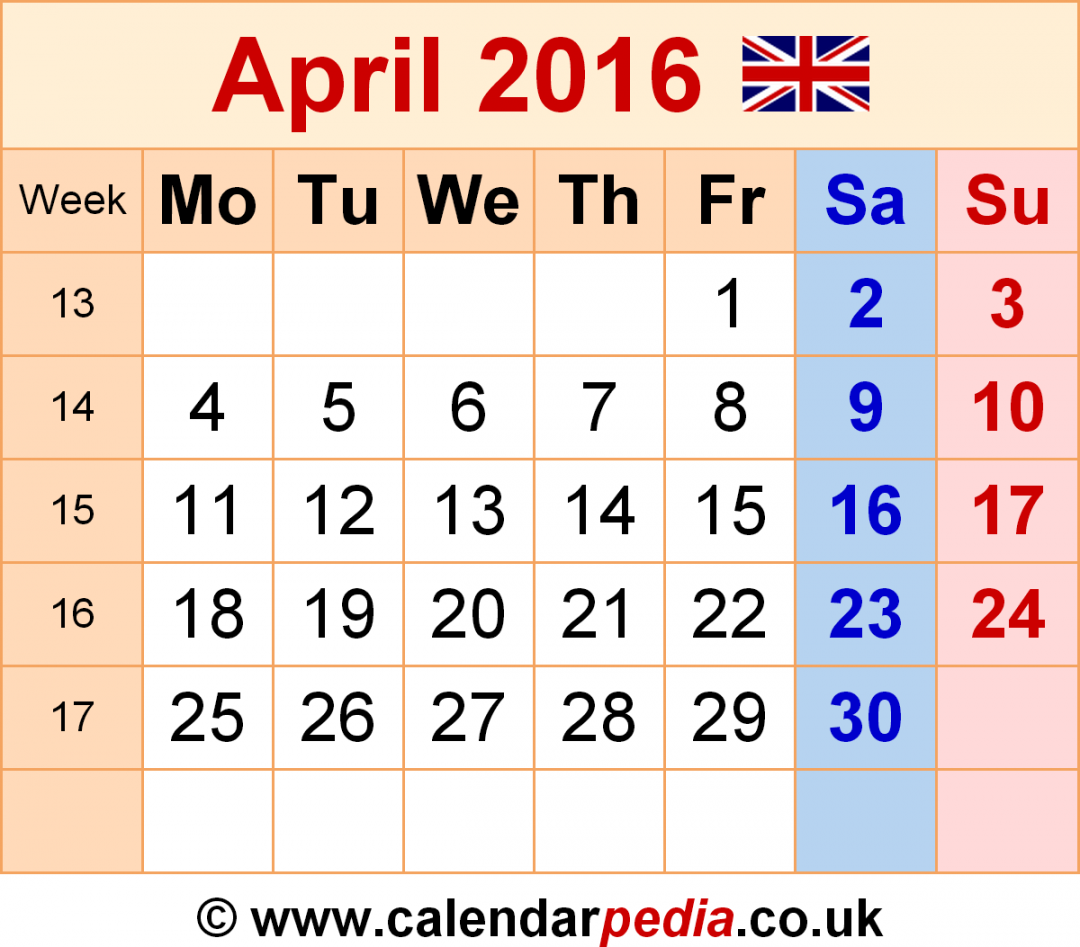 Calendar April  UK with Excel, Word and PDF templates