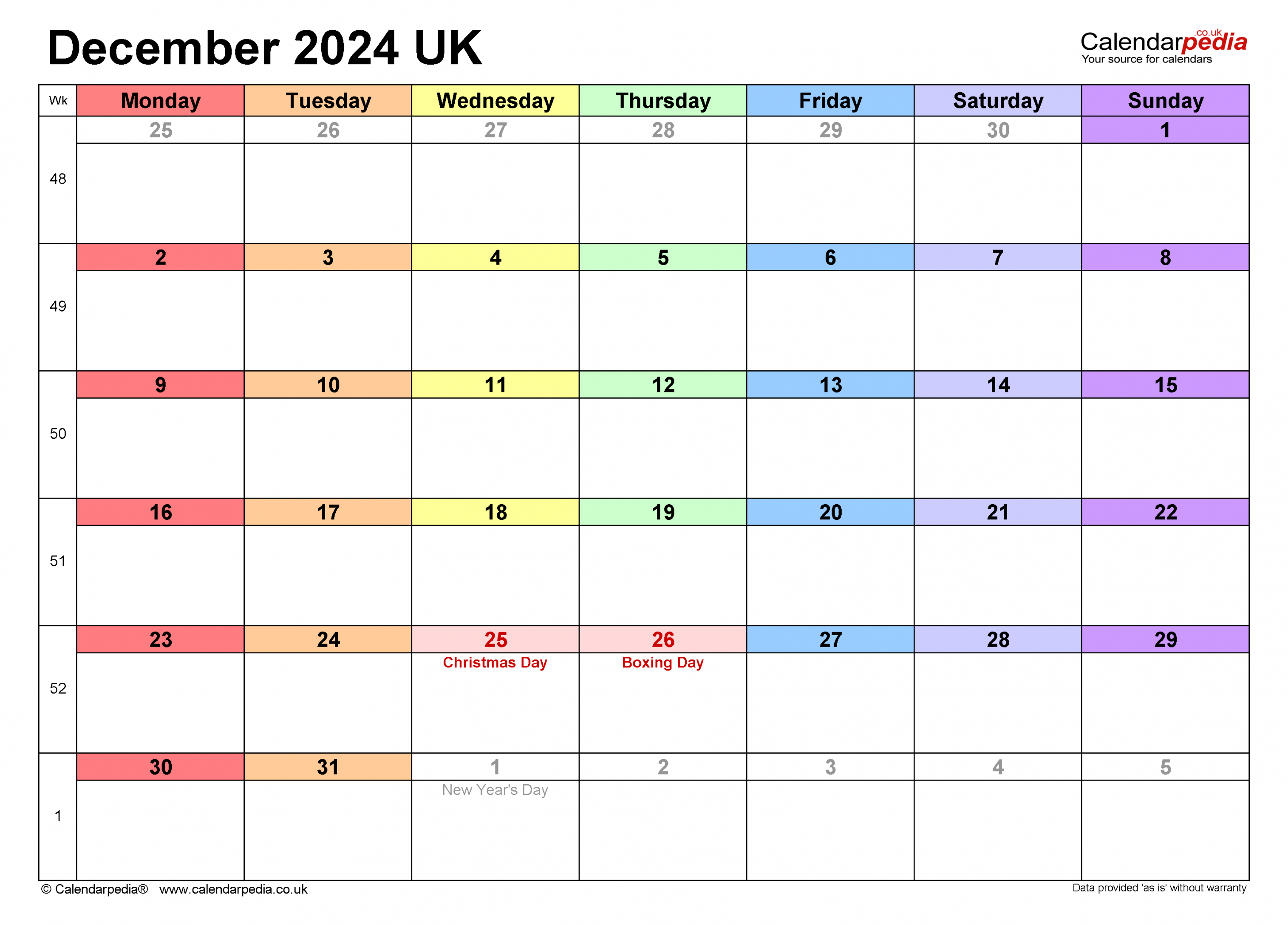 Calendar December  UK with Excel, Word and PDF templates