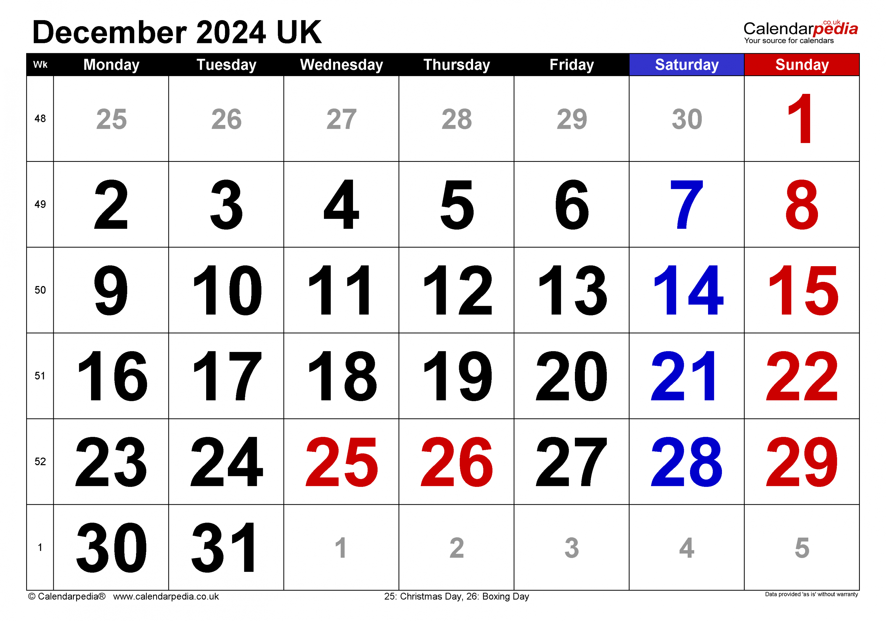 Calendar December  UK with Excel, Word and PDF templates