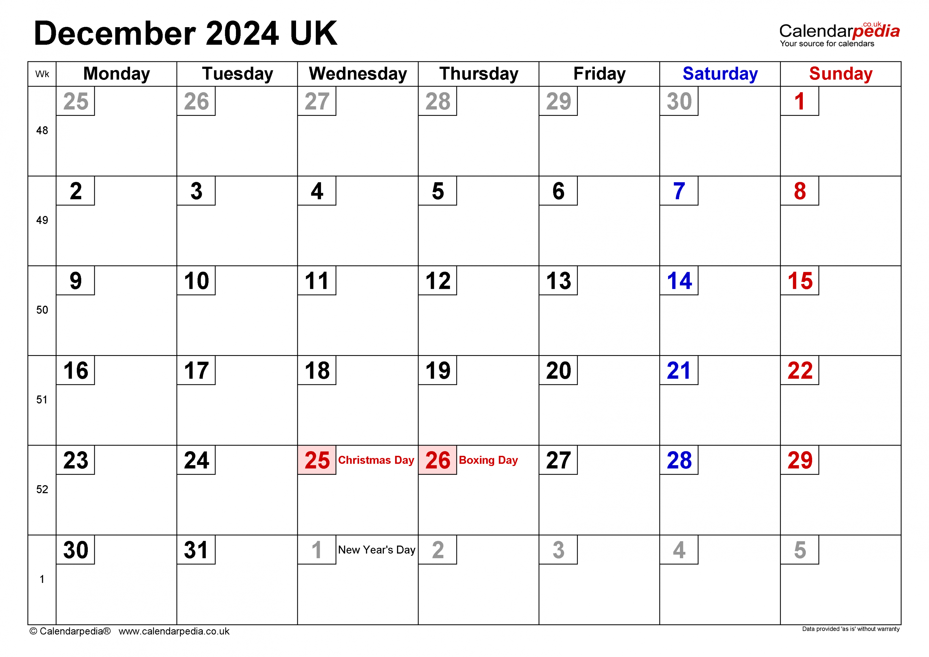 Calendar December  UK with Excel, Word and PDF templates