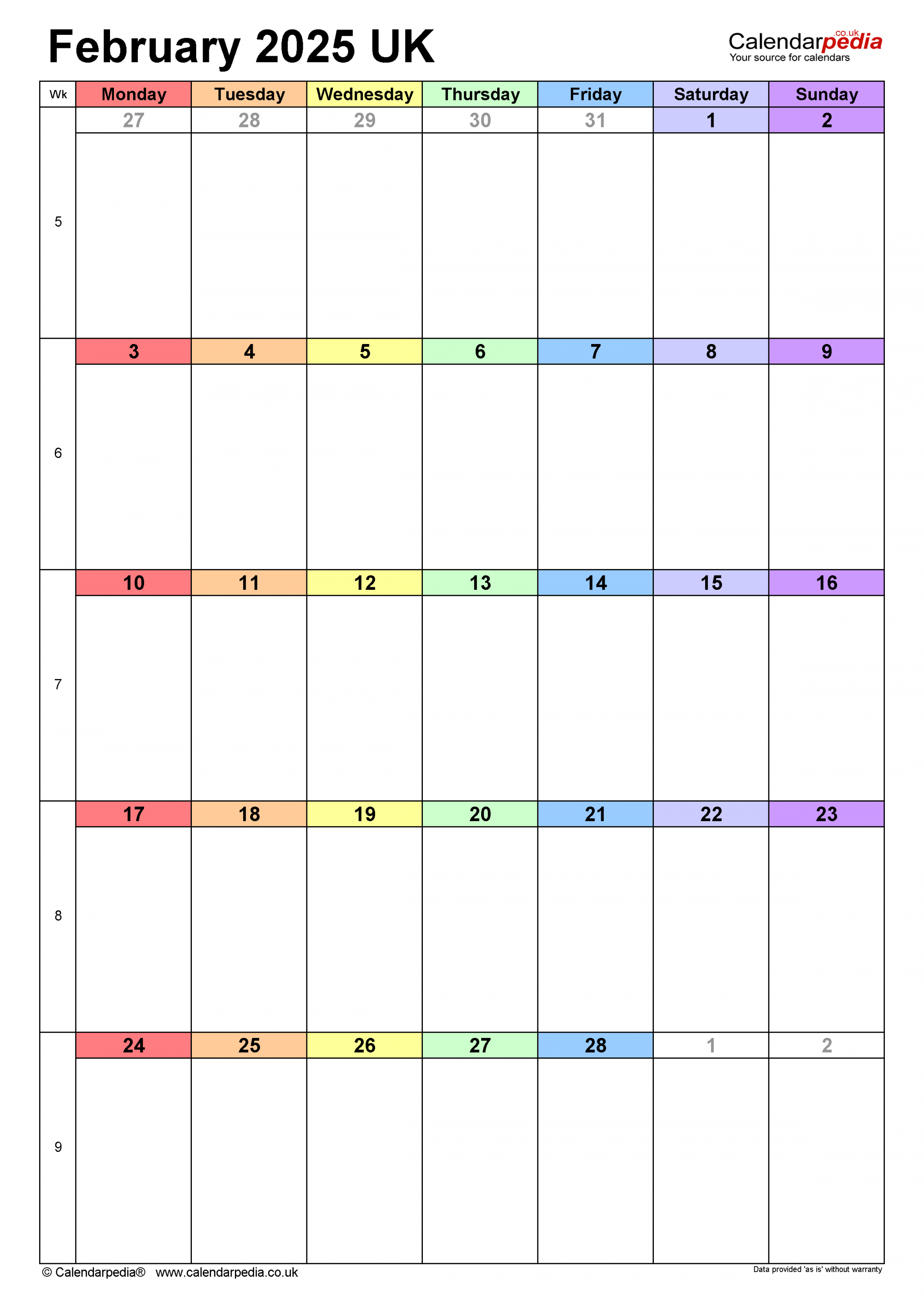 Calendar February  UK with Excel, Word and PDF templates