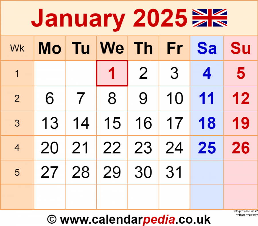 Calendar January  UK with Excel, Word and PDF templates