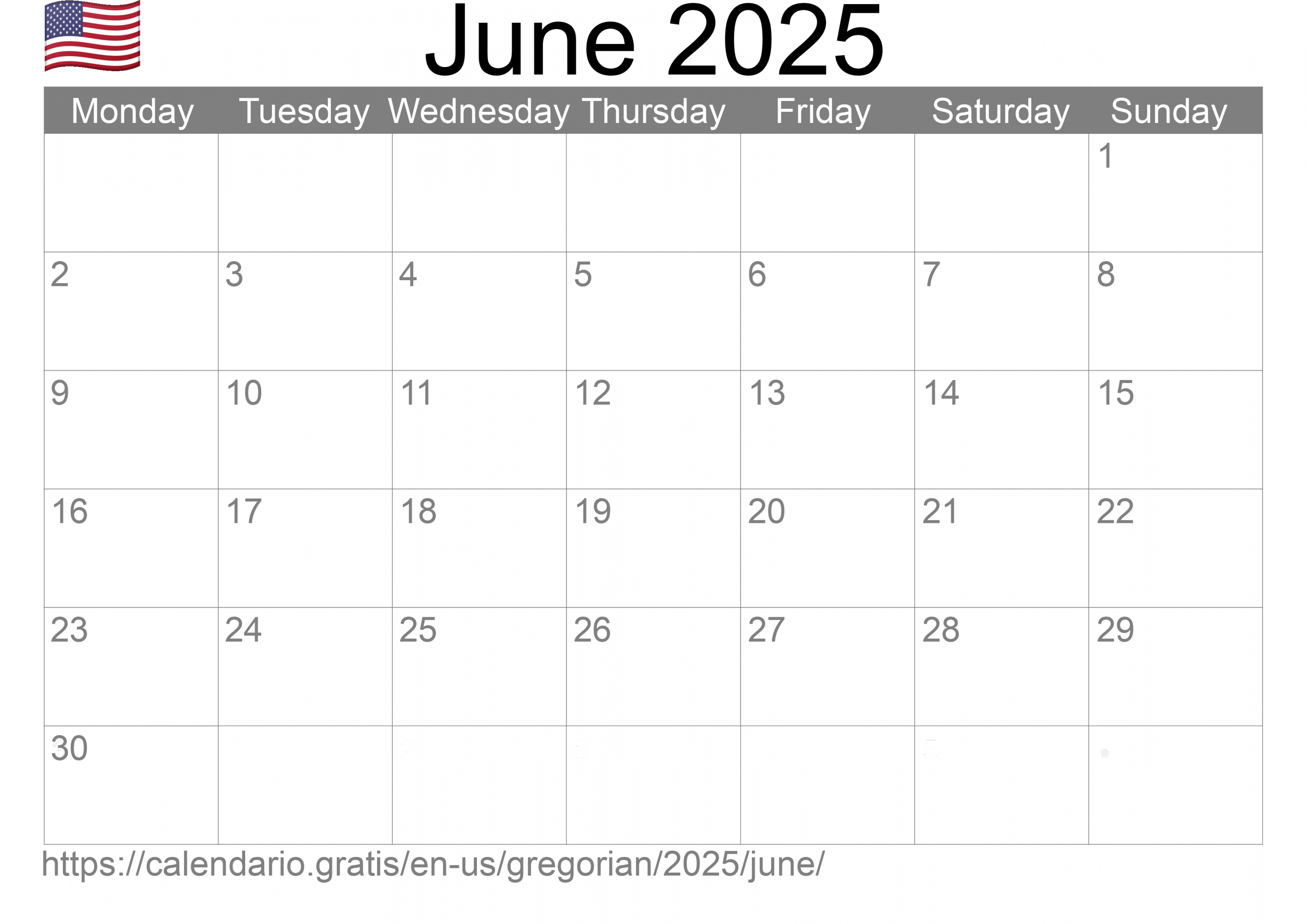 Calendar June  from United States of America in English