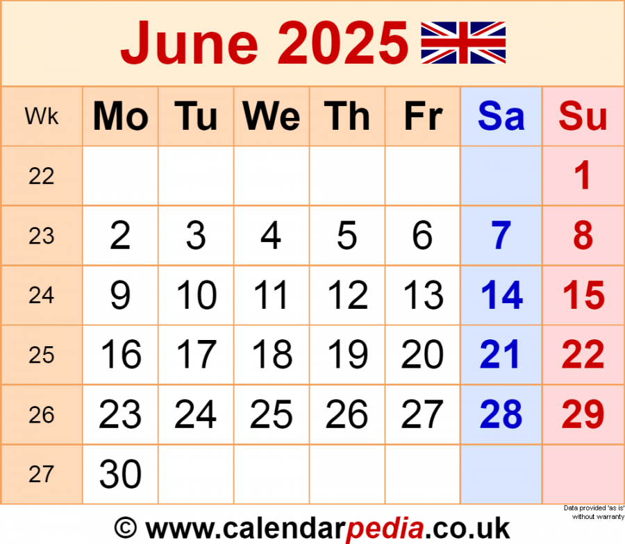 Calendar June  UK with Excel, Word and PDF templates