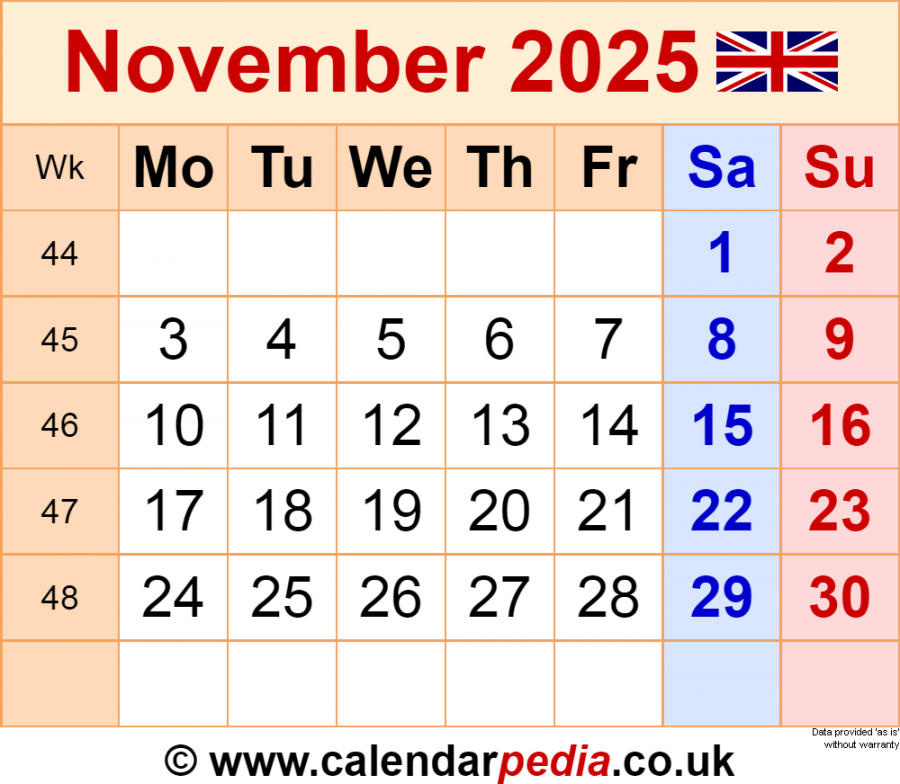 Calendar November  UK with Excel, Word and PDF templates