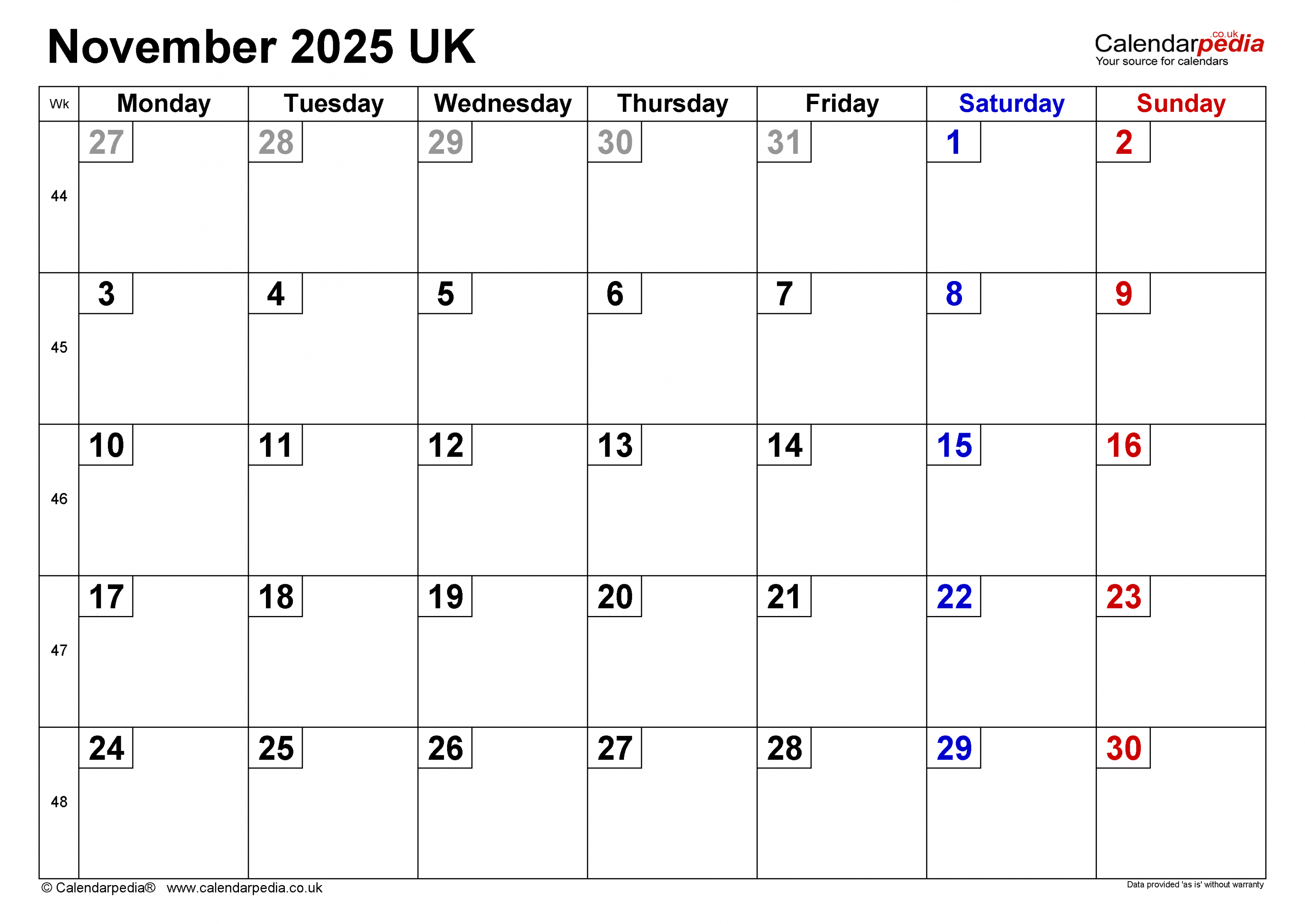 Calendar November  UK with Excel, Word and PDF templates