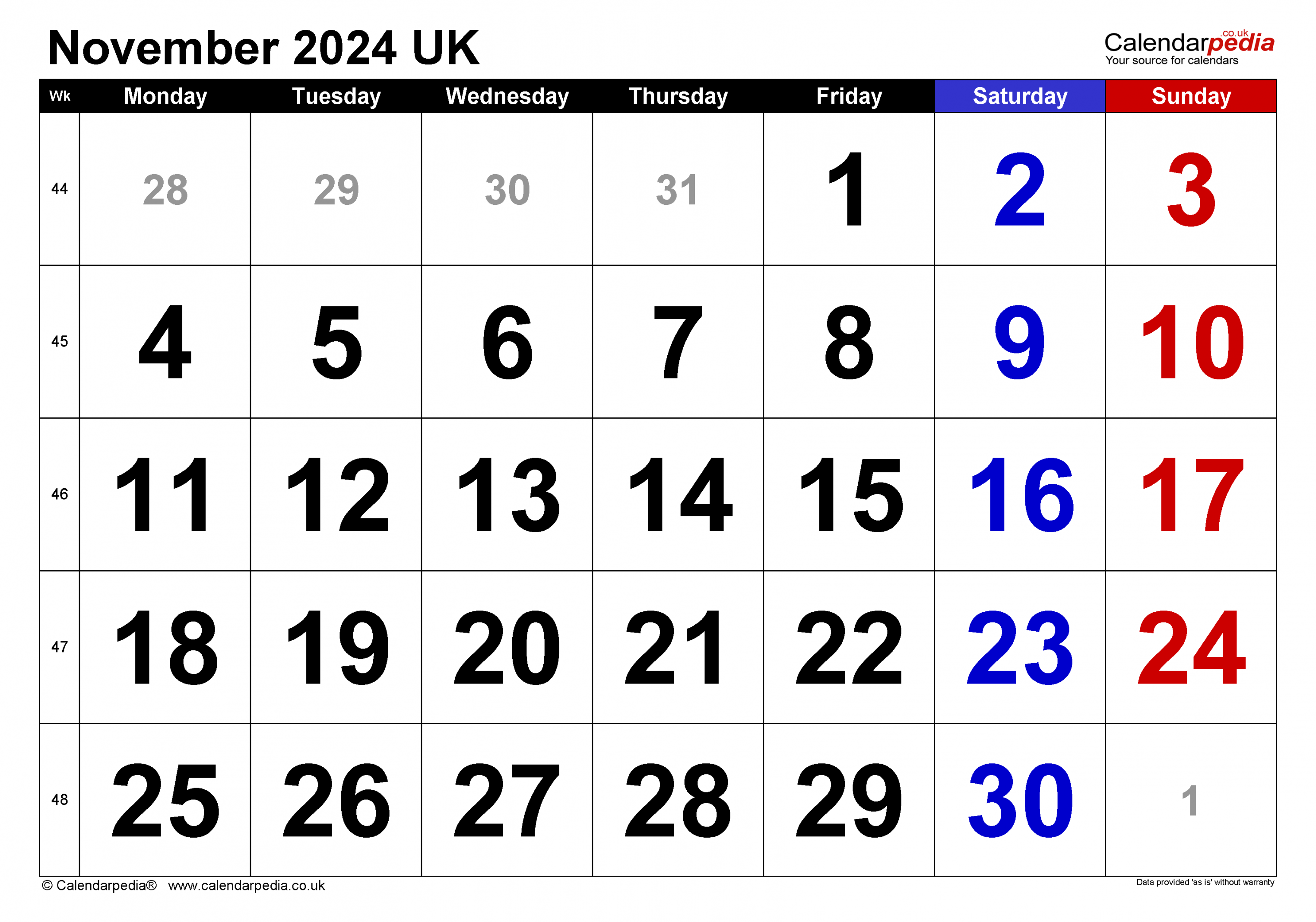 Calendar November  UK with Excel, Word and PDF templates