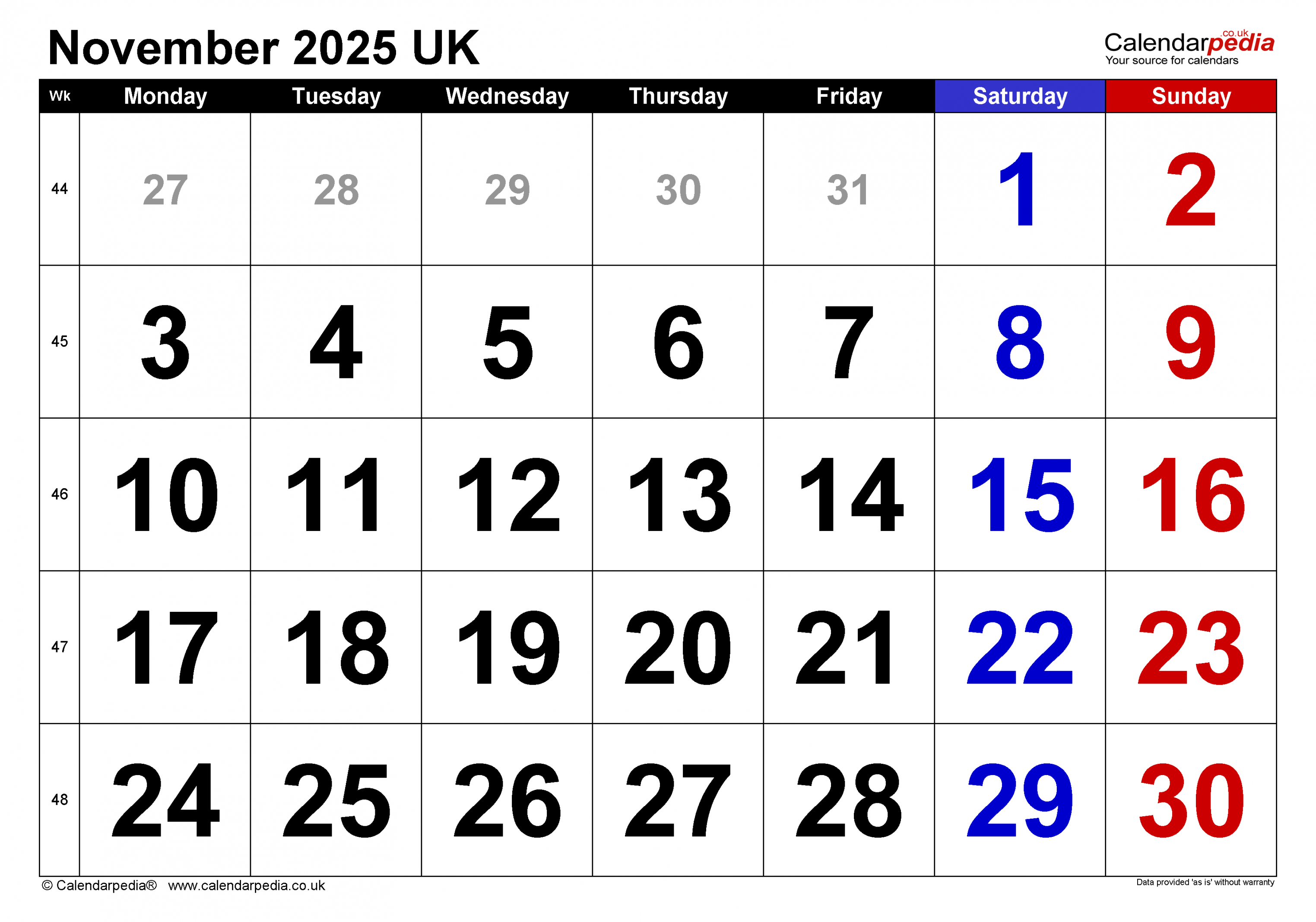 Calendar November  UK with Excel, Word and PDF templates