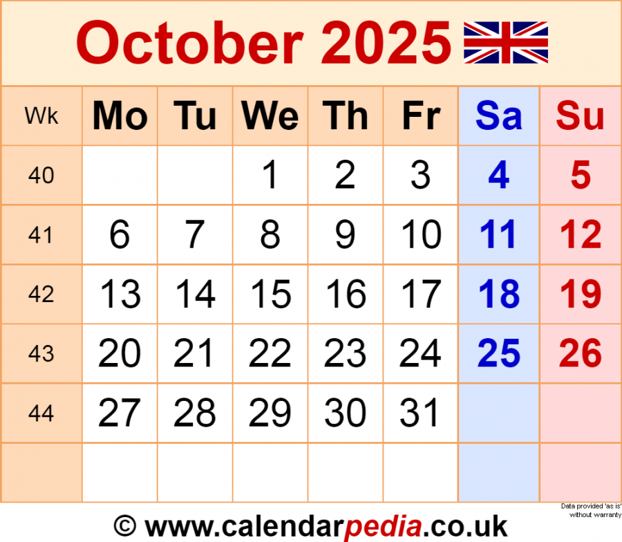 Calendar October  UK with Excel, Word and PDF templates