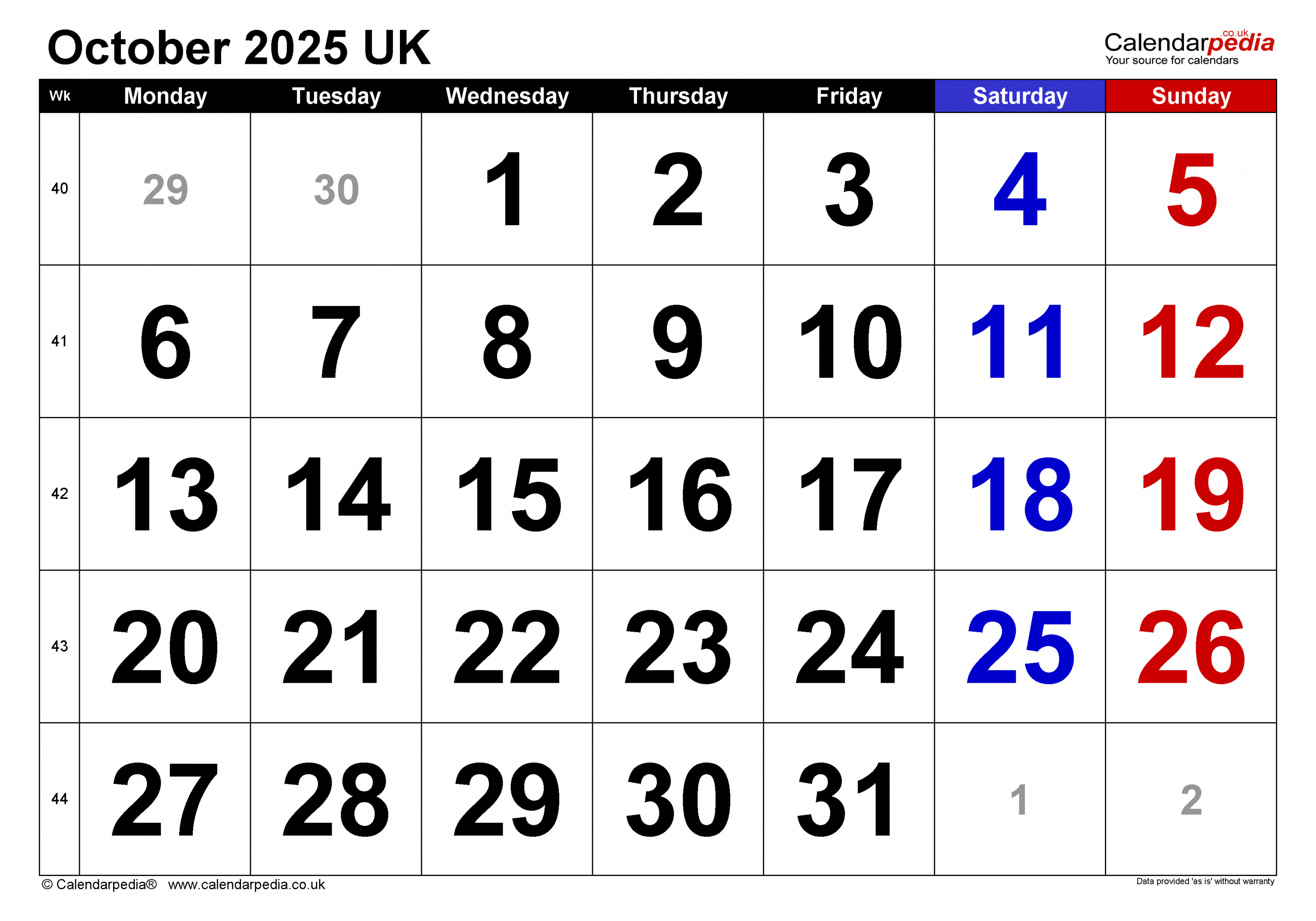 Calendar October  UK with Excel, Word and PDF templates