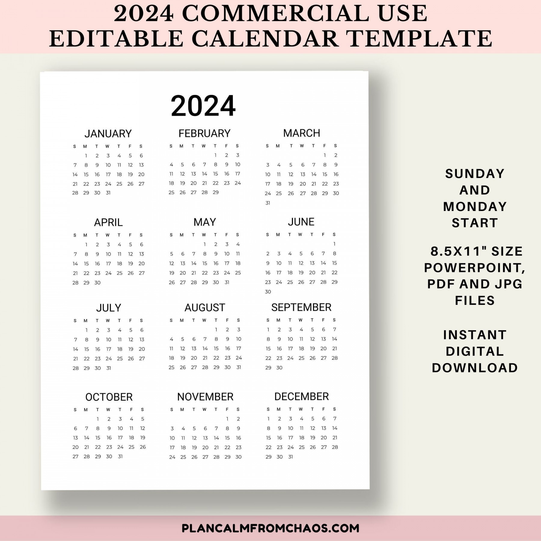 Calendar Printable Template, DIGITAL DOWNLOAD, Commercial Use